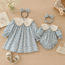 Blue Floral Baby Girl Dress & Romper, Cotton Lace Collar Outfit, Long Sleeve Spring Fall Toddler Birthday Gift