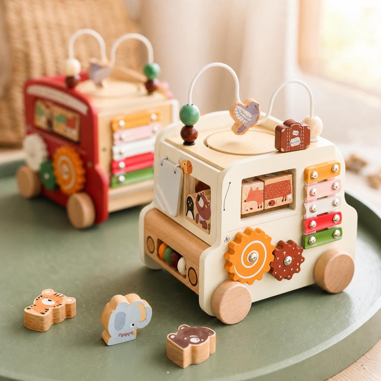 Wooden Activity Bus Toy, Montessori Toddler Busy Cube, 5 in 1 Animal Puzzle Baby Gift - wooden Montessori activity toy for toddlers and baby gifts
