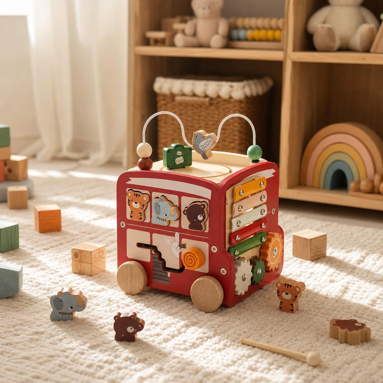 Montessori Wooden Bus Toy, 5 in 1 Activity Cube for Toddlers, Birthday Gift for Baby - wooden Montessori activity toy for toddlers and baby gifts