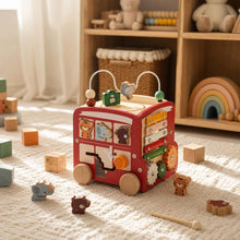 Montessori Wooden Bus Toy, 5 in 1 Activity Cube for Toddlers, Birthday Gift for Baby