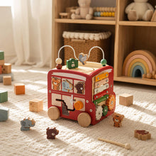 Wooden Activity Bus Toy, Montessori Toddler Busy Cube, 5 in 1 Animal Puzzle Baby Gift