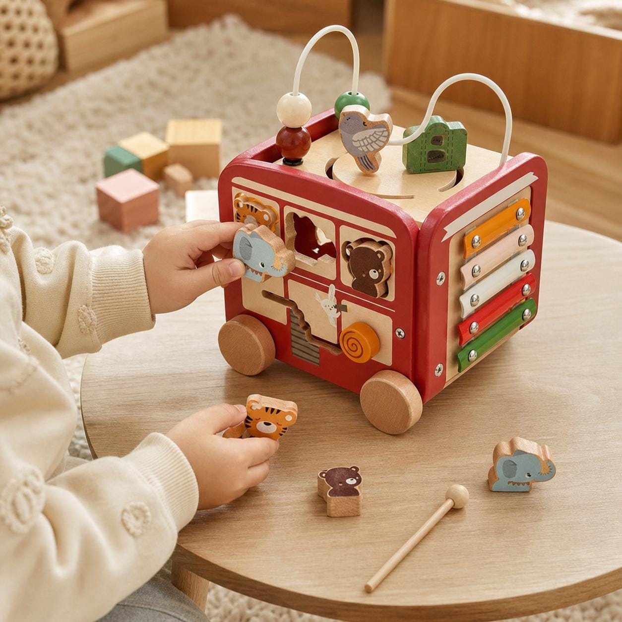 Montessori Wooden Bus Toy, 5 in 1 Activity Cube for Toddlers, Birthday Gift for Baby - wooden Montessori activity toy for toddlers and baby gifts