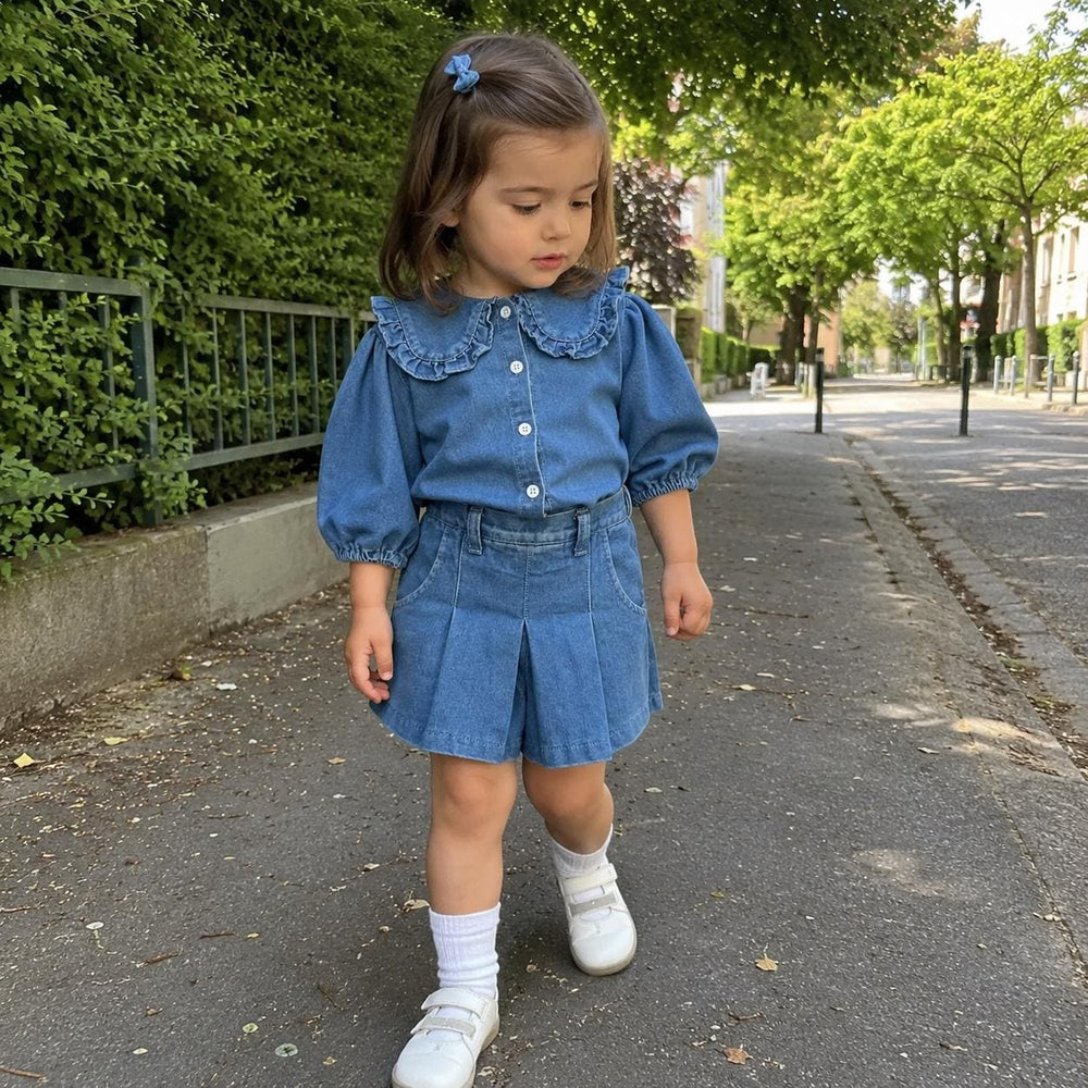Toddler Girl Denim Outfit, Ruffle Collar Two Piece Set