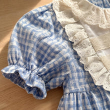 Baby Girl Blue Gingham Romper Dress, Lace Ruffle Outfit