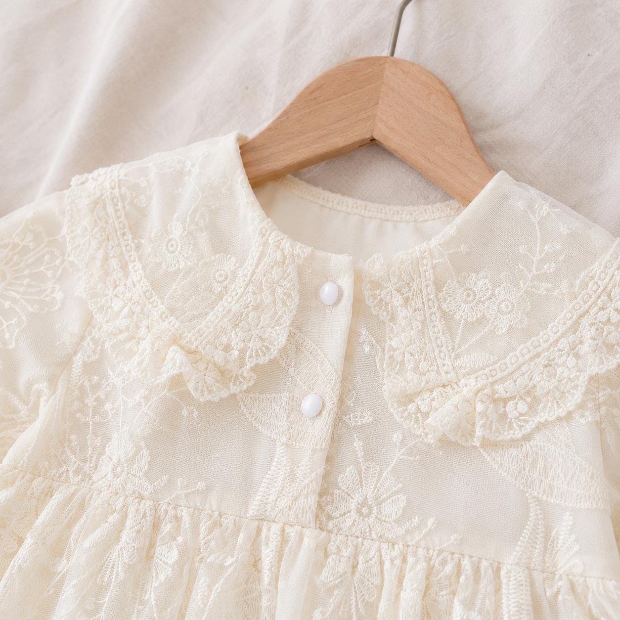 Ivory Lace Baby Romper, Cotton Long Sleeve Baby Girl Outfit product image 8