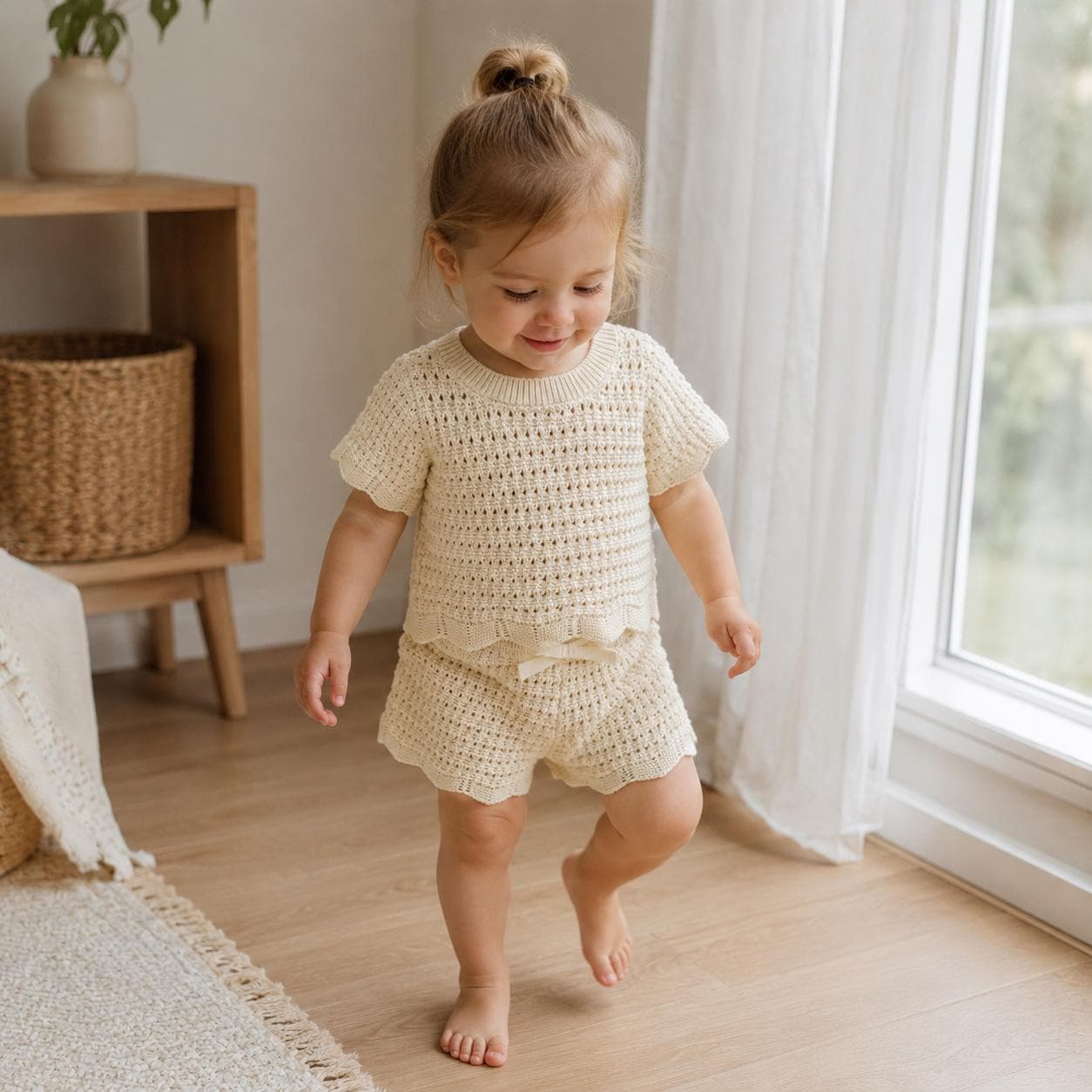 Hand Knotted Apricot Cream Knit Baby Shorts Set, Unisex Toddler Summer Outfit, Cotton Bow Detail