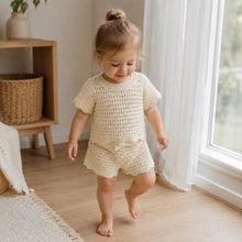Hand Knotted Apricot Cream Knit Baby Shorts Set, Unisex Toddler Summer Outfit, Cotton Bow Detail
