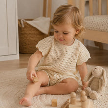 Hand Knotted Apricot Cream Knit Baby Shorts Set, Unisex Toddler Summer Outfit, Cotton Bow Detail