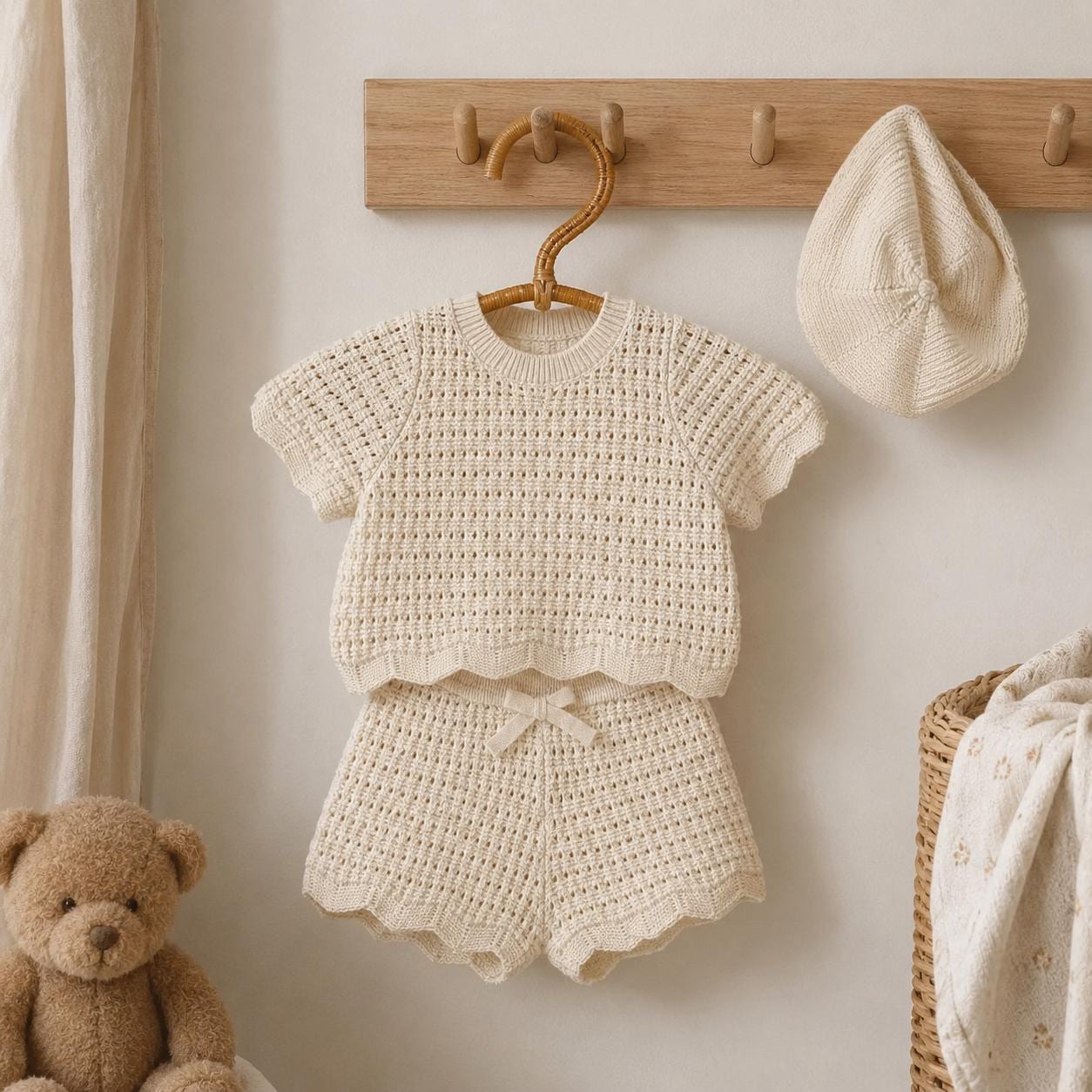 Hand Knotted Apricot Cream Knit Baby Shorts Set, Unisex Toddler Summer Outfit, Cotton Bow Detail