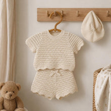 Hand Knotted Apricot Cream Knit Baby Shorts Set, Unisex Toddler Summer Outfit, Cotton Bow Detail