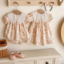 Baby Girl Summer Floral Romper, Cotton Lace Collar Outfit with Bow, Korean Style Baby Clothes, Birthday Gift
