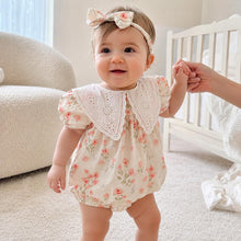 Baby Girl Summer Floral Romper, Cotton Lace Collar Outfit with Bow, Korean Style Baby Clothes, Birthday Gift