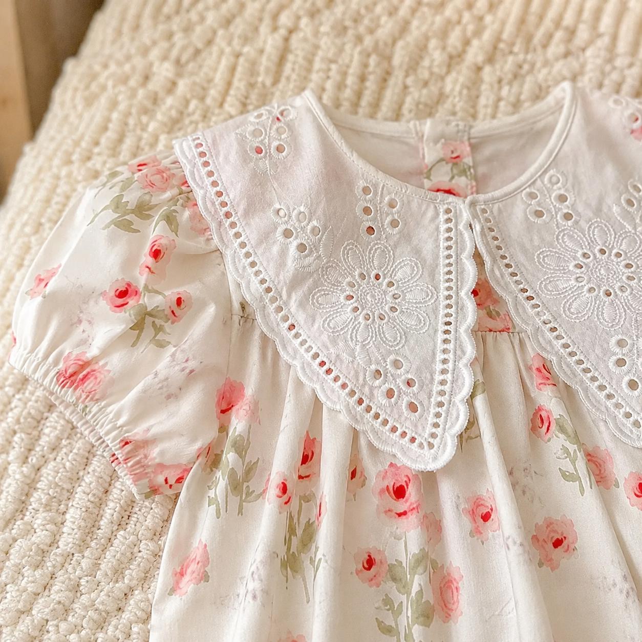 Baby Girl Summer Floral Romper, Cotton Lace Collar Outfit with Bow, Korean Style Baby Clothes, Birthday Gift