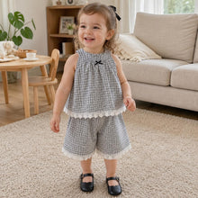 Baby Girl Plaid Two Piece Outfit, Cotton Sleeveless Top & Shorts Set, Lace Trim Korean Style Summer Toddler Clothes Gift