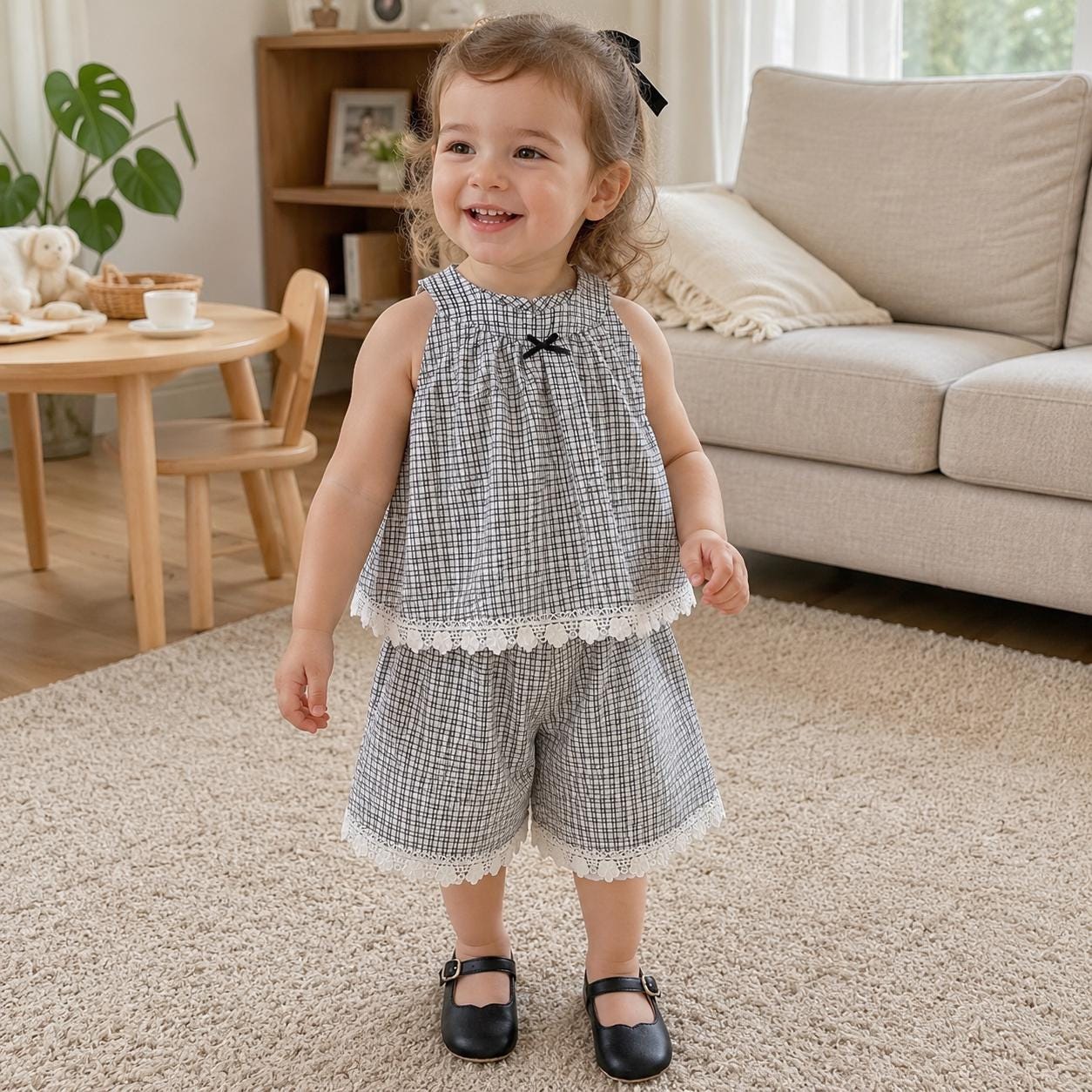 Baby Girl Plaid Two Piece Set, Cotton Sleeveless Top Shorts, Lace Trim Korean Toddler