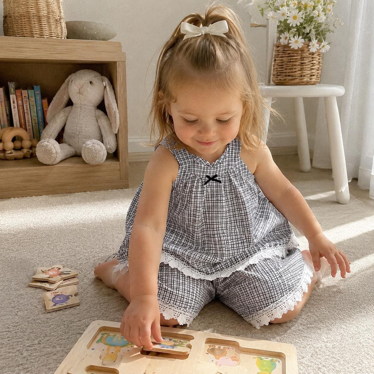 Baby Girl Plaid Two Piece Outfit, Cotton Sleeveless Top & Shorts Set, Lace Trim Korean Style Summer Toddler Clothes Gift