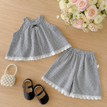 Baby Girl Plaid Two Piece Outfit, Cotton Sleeveless Top & Shorts Set, Lace Trim Korean Style Summer Toddler Clothes Gift