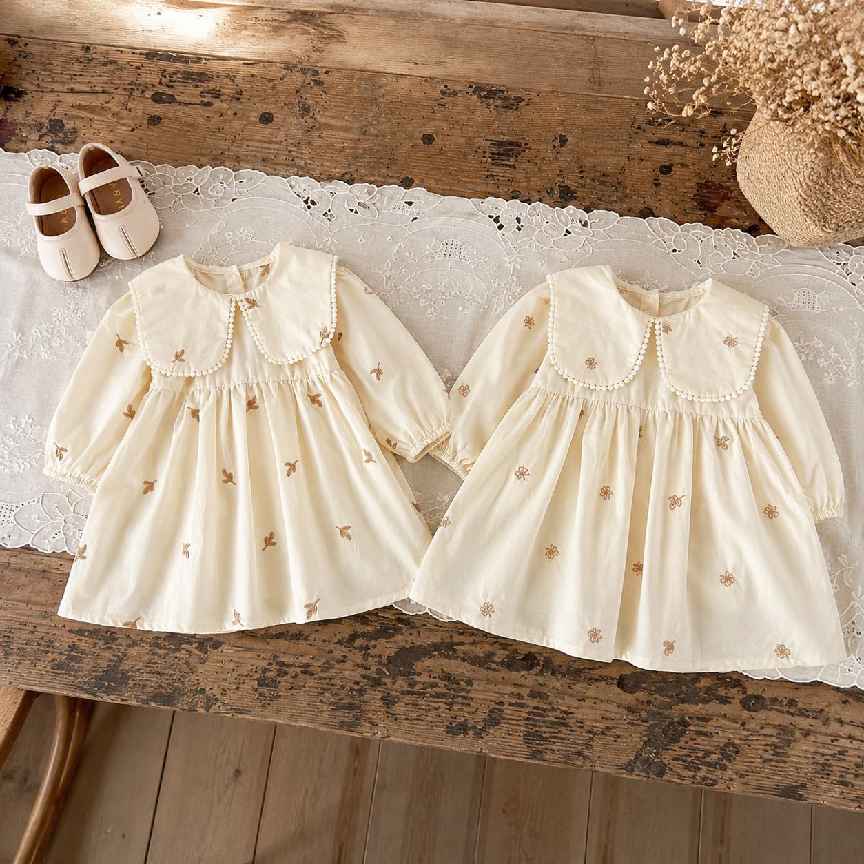 Baby Girl Cotton Dress, Peter Pan Collar, Butterfly Embroidery, Long Sleeve Toddler 1st Birthday