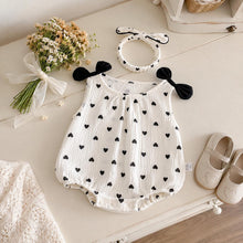 Baby Girl Cotton Romper Set, Black Heart Print, Summer Outfit with Headband