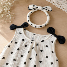 Baby Girl Cotton Romper Set, Black Heart Print, Summer Outfit with Headband