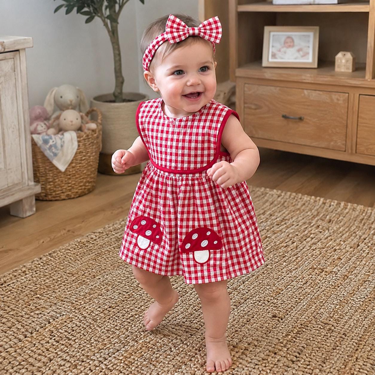 Baby Girl Red Gingham Romper Dress with Mushroom Embroidery, Cotton Sleeveless Summer Outfit, Cute Baby Shower Gift - BloomKnit Baby product photo 8