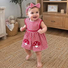 Baby Girl Red Gingham Romper Dress with Mushroom Embroidery, Cotton Sleeveless Summer Outfit, Cute Baby Shower Gift