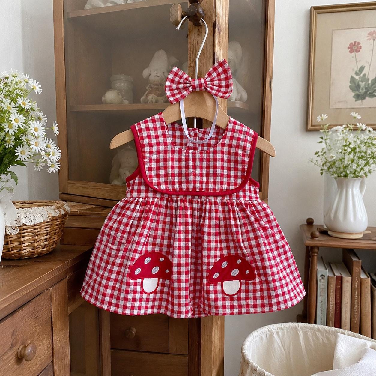 Baby Girl Red Gingham Romper Dress with Mushroom Embroidery, Cotton Sleeveless Summer Outfit, Cute Baby Shower Gift - BloomKnit Baby product photo 1