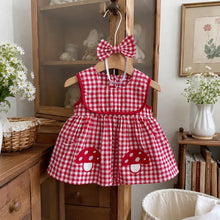 Baby Girl Red Gingham Romper Dress with Mushroom Embroidery, Cotton Sleeveless Summer Outfit, Cute Baby Shower Gift