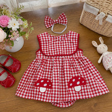 Baby Girl Red Gingham Romper Dress with Mushroom Embroidery, Cotton Sleeveless Summer Outfit, Cute Baby Shower Gift