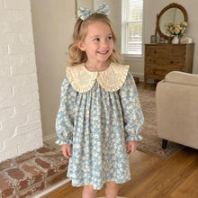 Blue Floral Baby Girl Dress & Romper, Cotton Lace Collar Outfit, Long Sleeve Spring Fall Toddler Birthday Gift