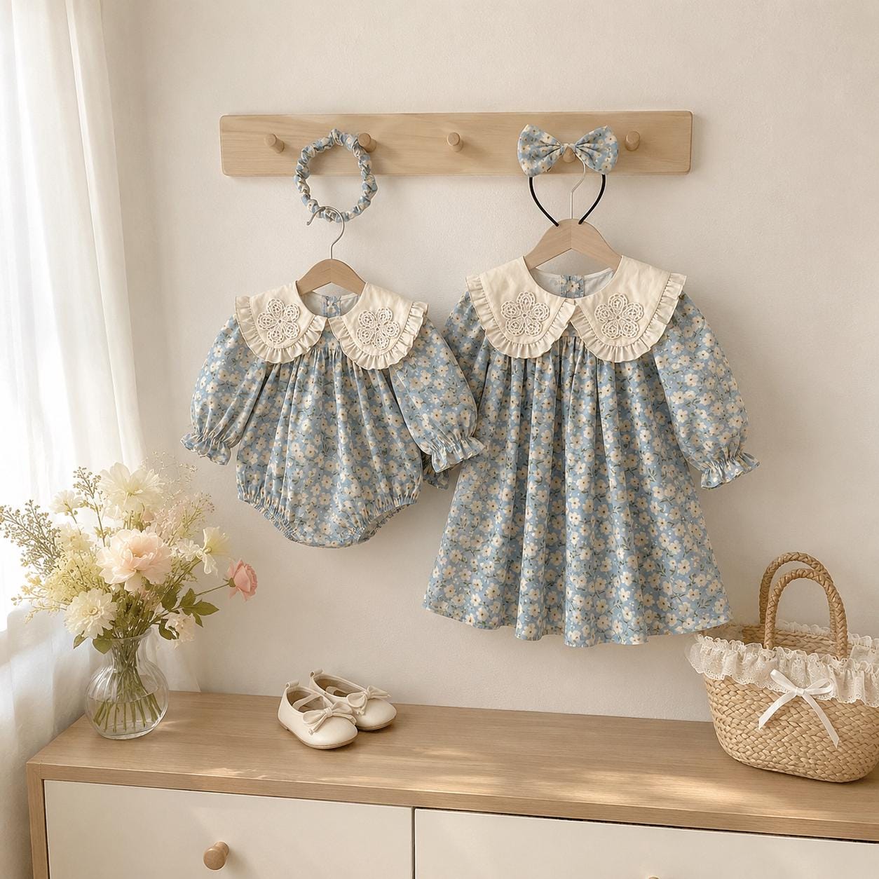 Blue Floral Baby Girl Dress & Romper, Cotton Lace Collar Outfit, Long Sleeve Spring Fall Toddler Birthday Gift - BloomKnit Baby product photo 6