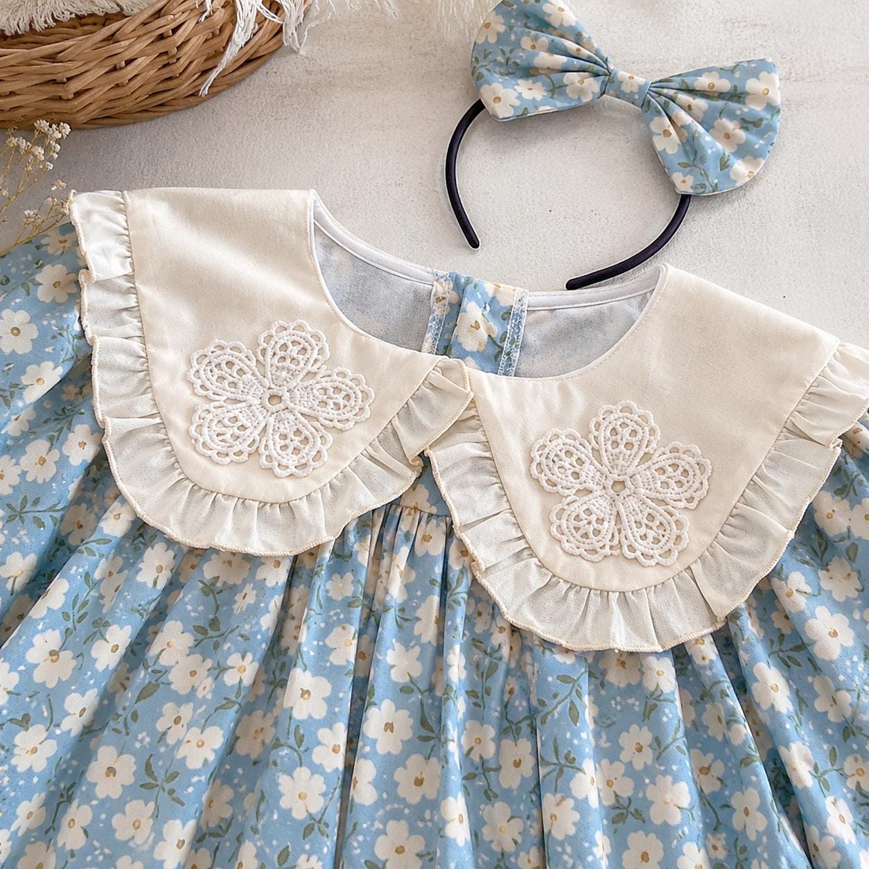 Blue Floral Baby Girl Dress & Romper, Cotton Lace Collar Outfit, Long Sleeve Spring Fall Toddler Birthday Gift - BloomKnit Baby product photo 4