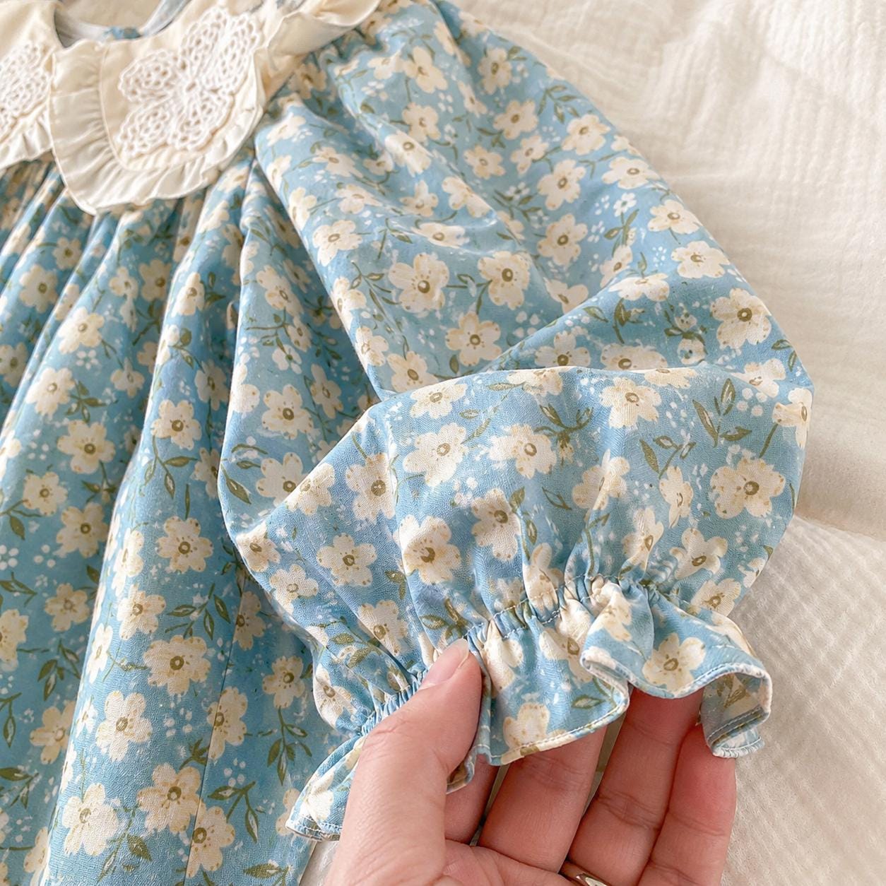 Blue Floral Baby Girl Dress & Romper, Cotton Lace Collar Outfit, Long Sleeve Spring Fall Toddler Birthday Gift - BloomKnit Baby product photo 7