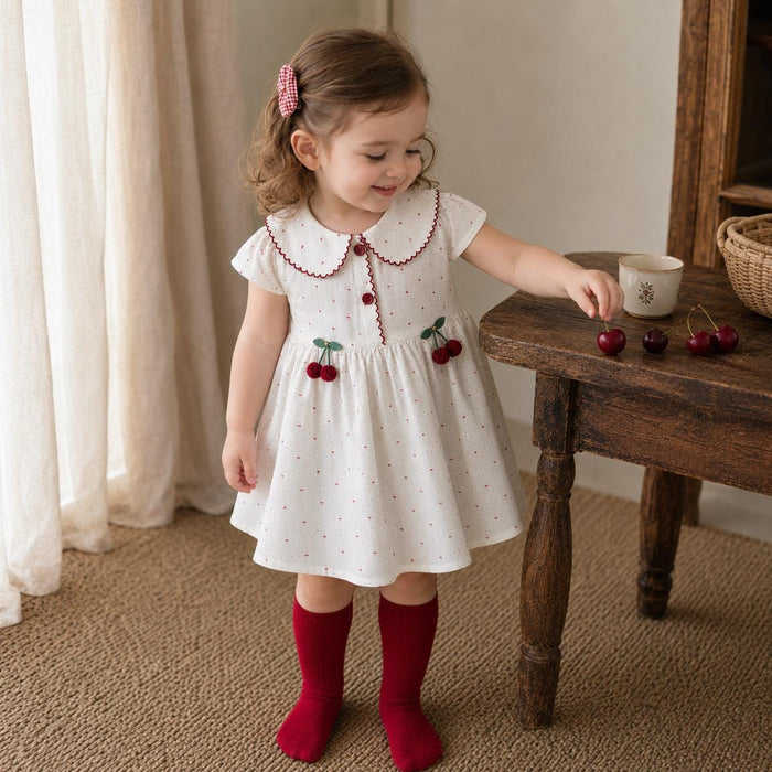 Baby Girl Cherry Dress, Cotton Summer Dress with Peter Pan Collar, Toddler Birthday Outfit