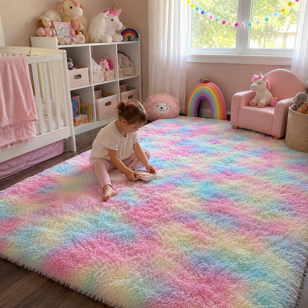 Pastel Rainbow Shag Rug: Fluffy Microfiber Nursery, Kids Room and Playroom Decor Gift