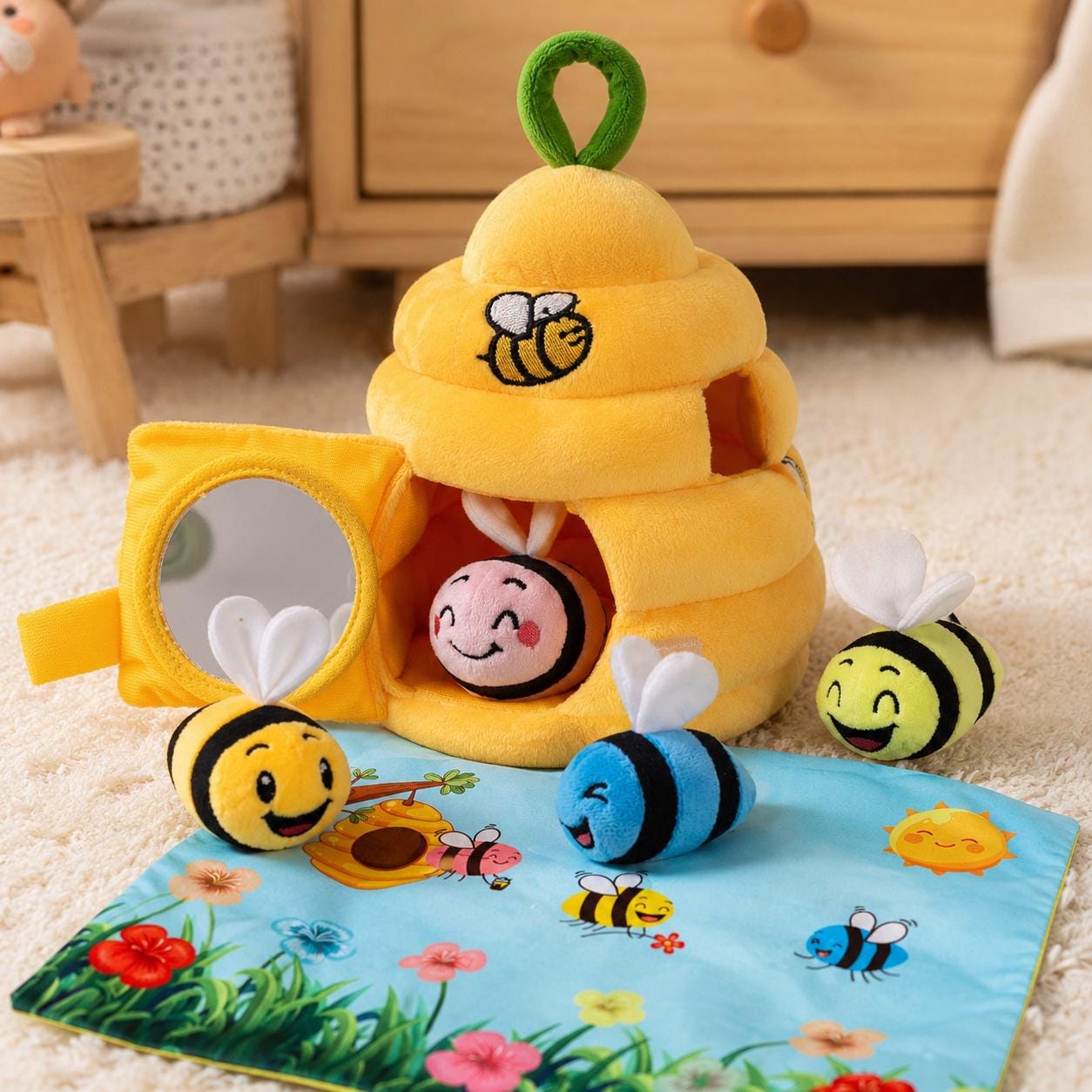 Bee Sensory Baby Toy with Plush Bees, Mirror, Rattle and Crinkle product image 3