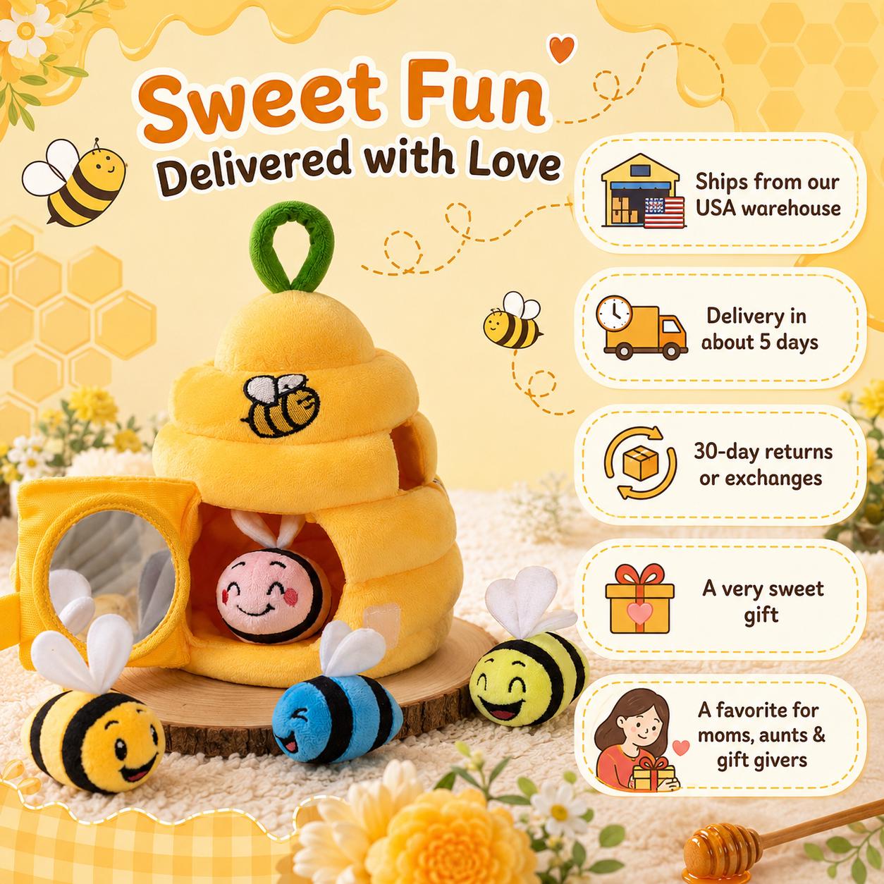Bee Sensory Baby Toy with Plush Bees, Mirror, Rattle and Crinkle product image 4