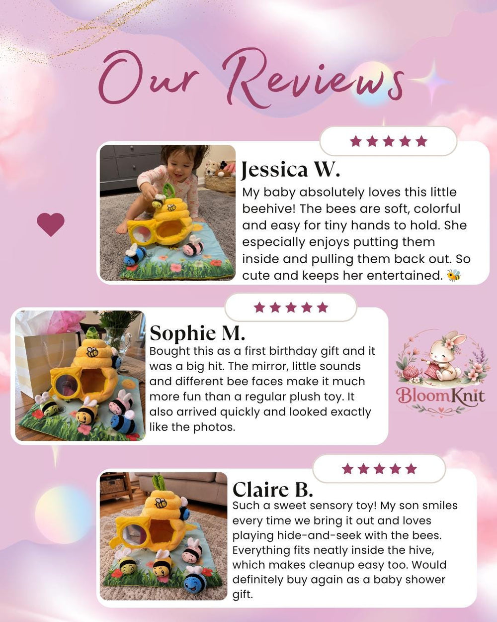 Soft Beehive Baby Sensory Toy with Plush Bees, Rattle, Crinkle, Squeaker and Mirror