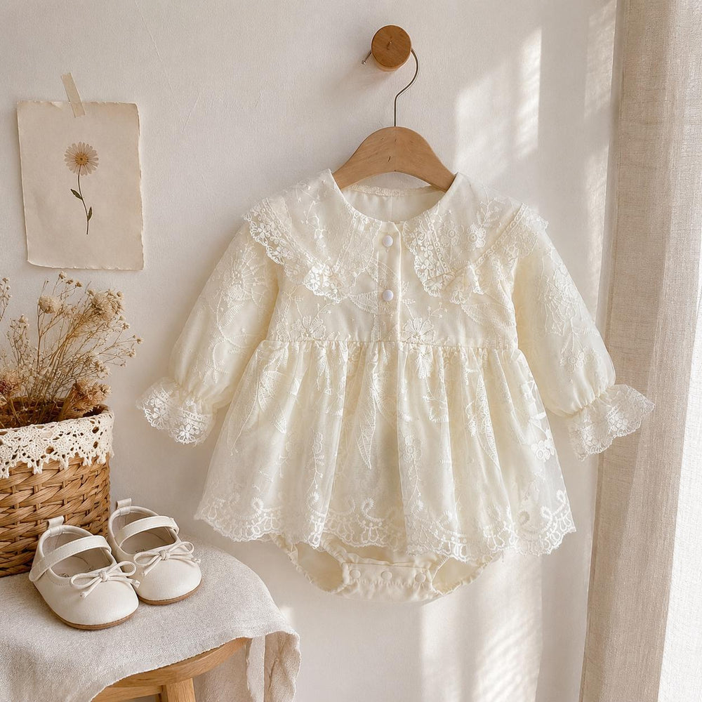 Ivory Lace Baby Romper, Long Sleeve Cotton Embroidered Outfit, Baby Shower Gift