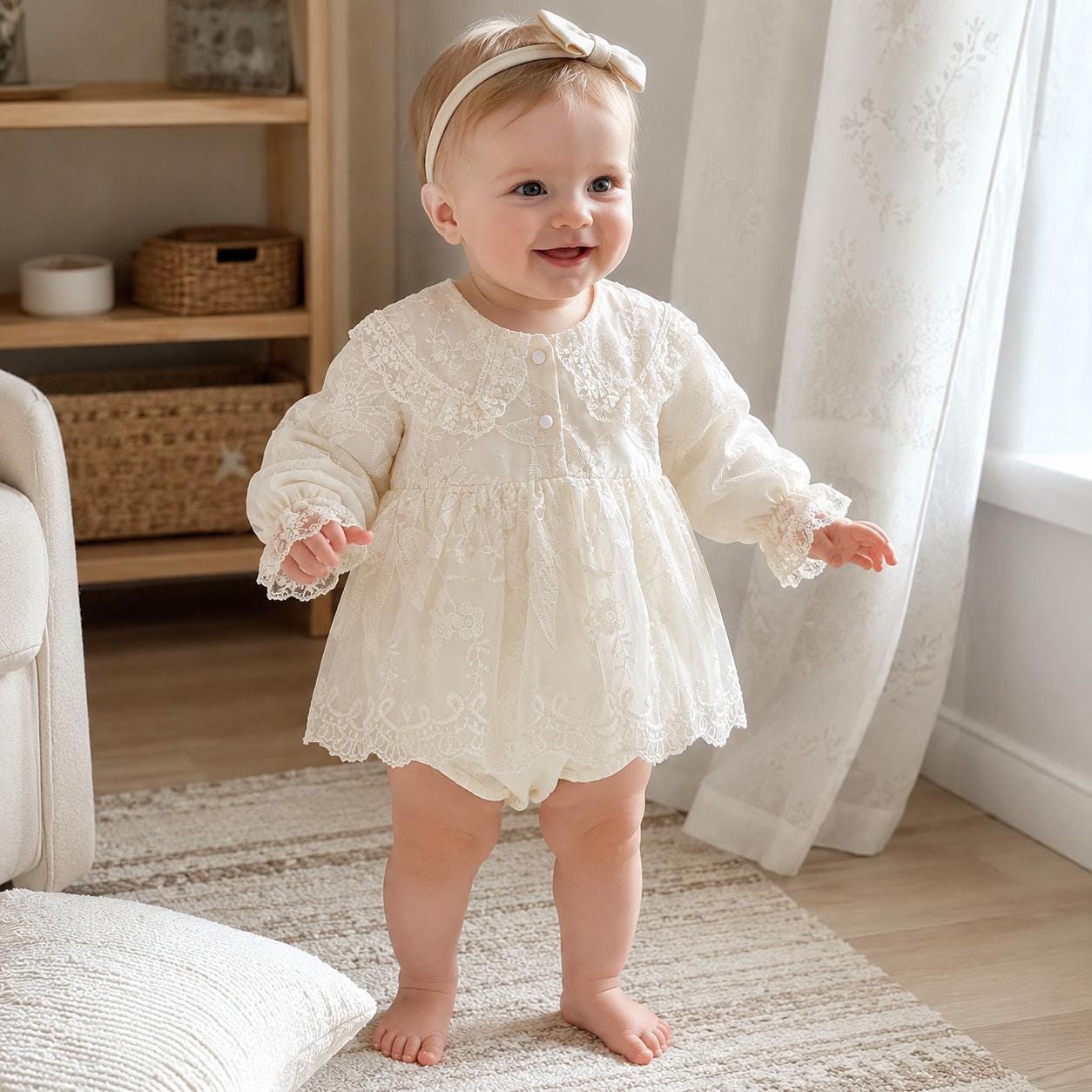 Ivory Lace Baby Romper, Cotton Long Sleeve Baby Girl Outfit product image 7