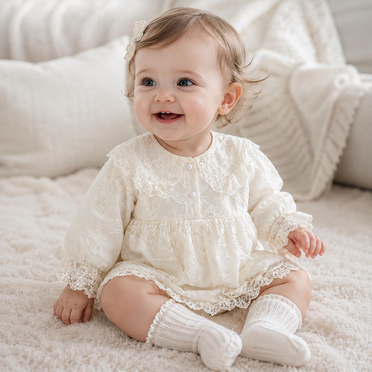 Ivory Lace Baby Romper, Cotton Long Sleeve Baby Girl Outfit product image 3