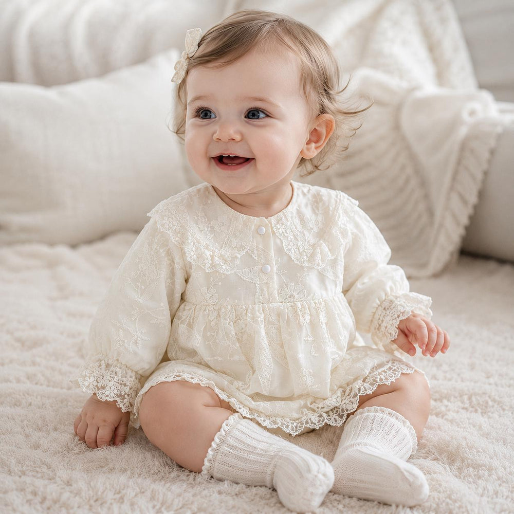Baby Girl Ivory Lace Romper, Long Sleeve Cotton Embroidered Outfit, Vintage Baptism Coming Home Baby Shower Gift