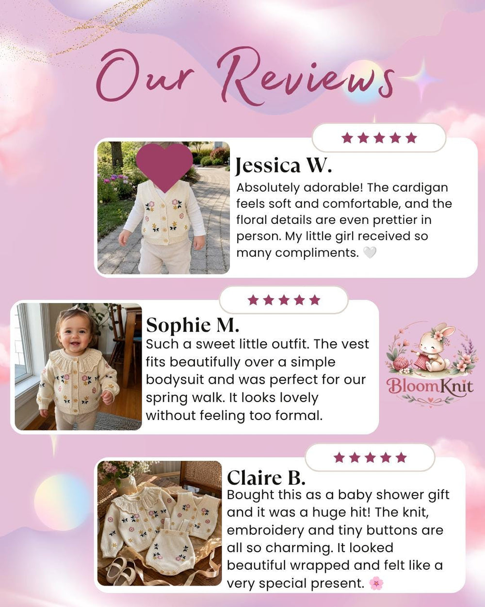Cream Cotton Baby Girl Knit Outfit: Floral Embroidered Cardigan, Romper or Vest