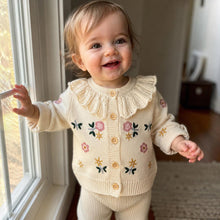Cream Cotton Baby Girl Knit Outfit: Floral Embroidered Cardigan, Romper or Vest