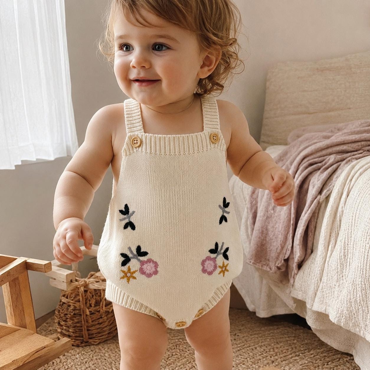 Cream Floral Baby Cardigan, Romper or Vest, Cotton Knitwear product image 9