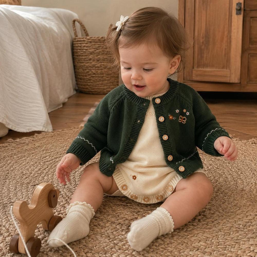 Embroidered Cotton Knit Baby Cardigan or Romper, Vintage Style Outfit, Baby Gift