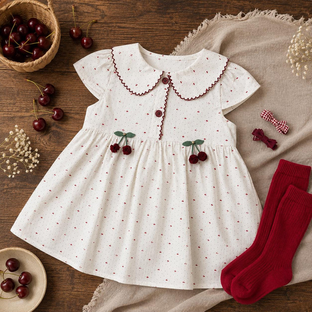 Baby Girl Cherry Dress, Cotton Summer Dress with Peter Pan Collar, Toddler Birthday Outfit