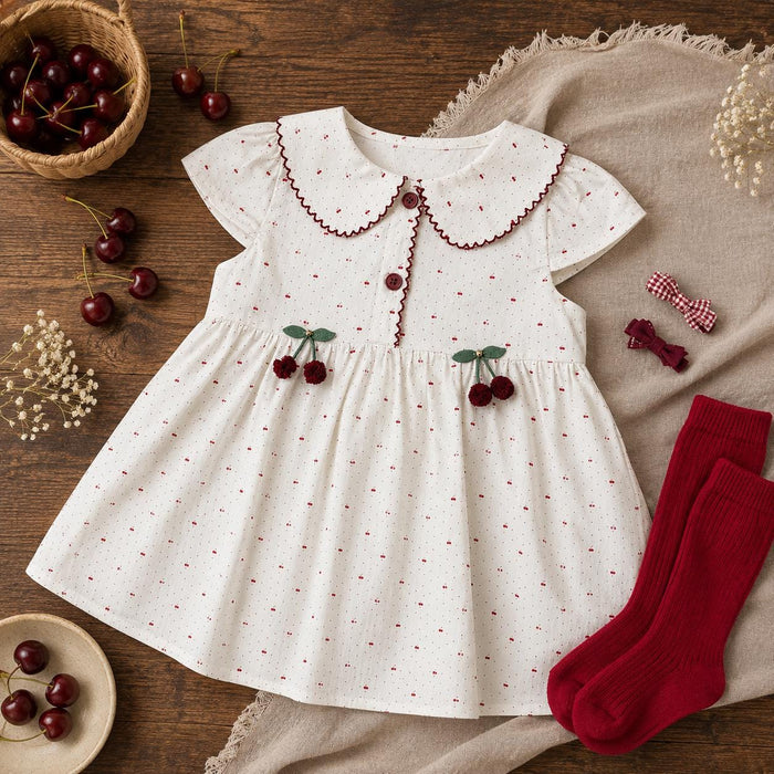 Baby Girl Cherry Dress, Cotton Summer Dress with Peter Pan Collar, Toddler Birthday Outfit