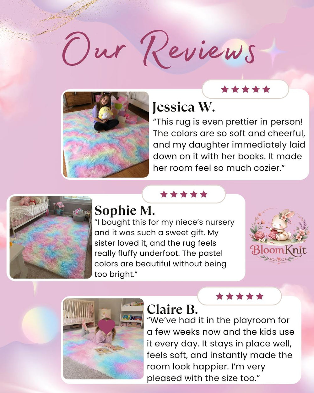 Pastel Rainbow Shag Rug: Fluffy Microfiber Nursery, Kids Room and Playroom Decor Gift