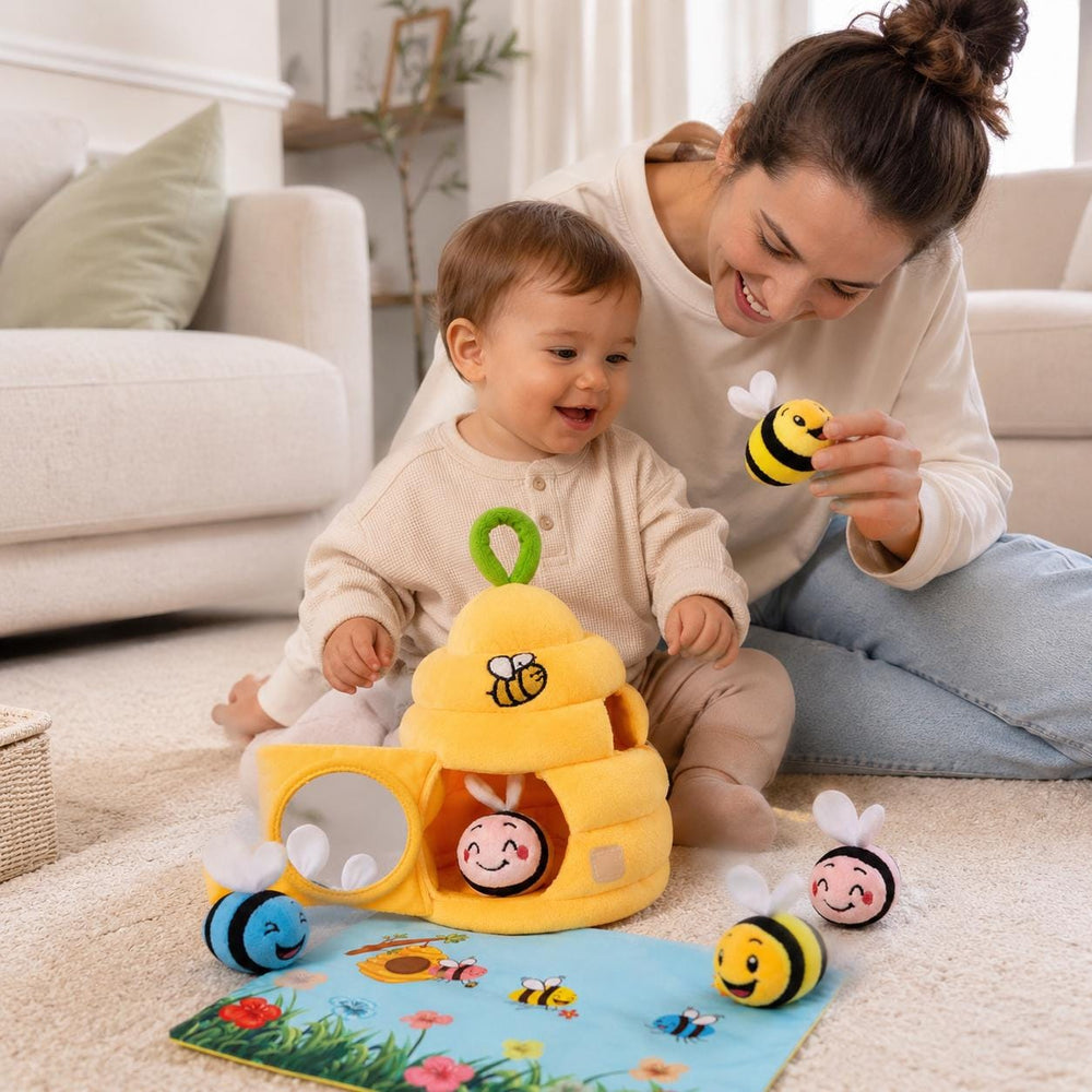 Bee Sensory Baby Toy Gift, Soft Beehive with Plush Bees, Mirror, Rattle and Crinkle
